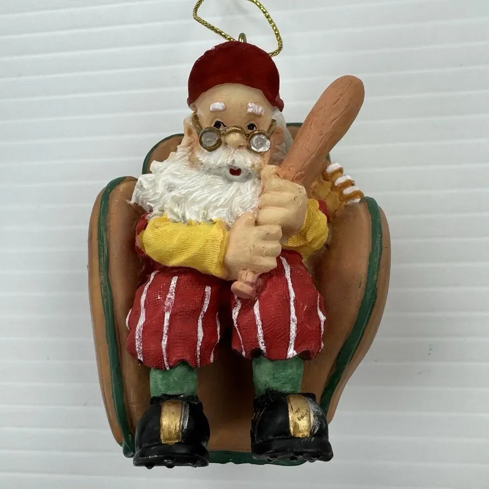 Vintage Baseball Santa Ornament Santa Holding Bat in Glove Chair Sports Xmas
